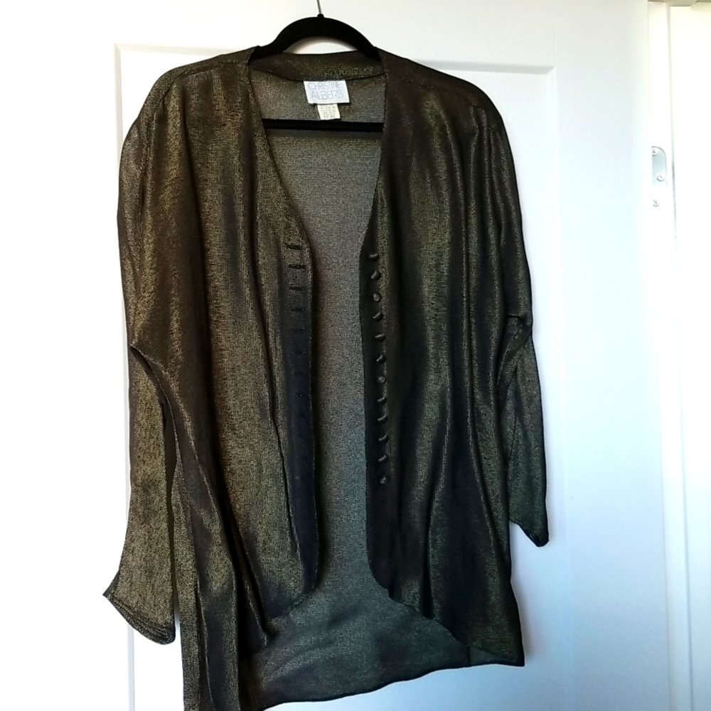 Christine Albers Green Shimmer Metallic Button Shirt Made In USA Size S